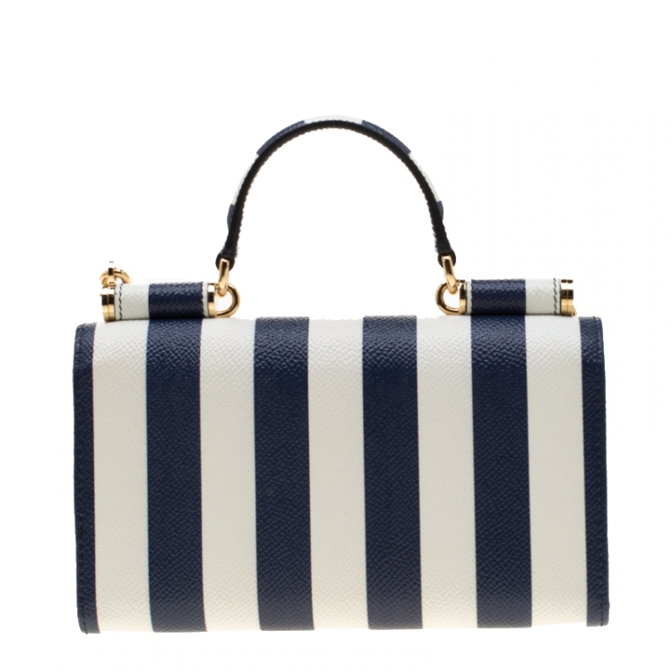 Pre Owned Dolce and Gabbana Blue/White Strip Leather Miss Sicily Von Wallet on Chain