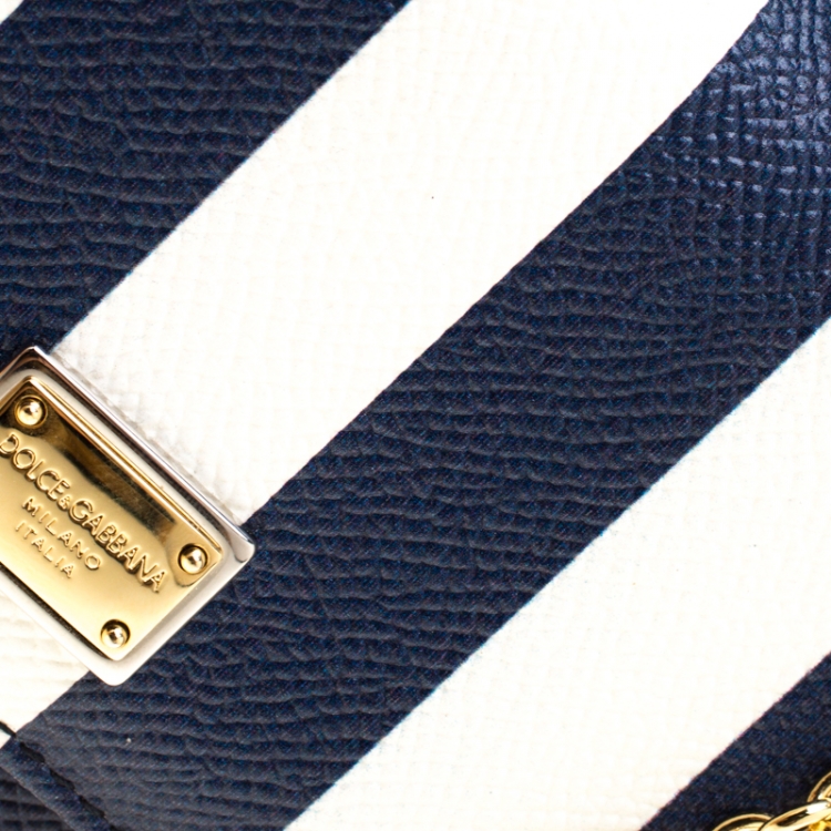 Pre Owned Dolce and Gabbana Blue/White Strip Leather Miss Sicily Von Wallet on Chain