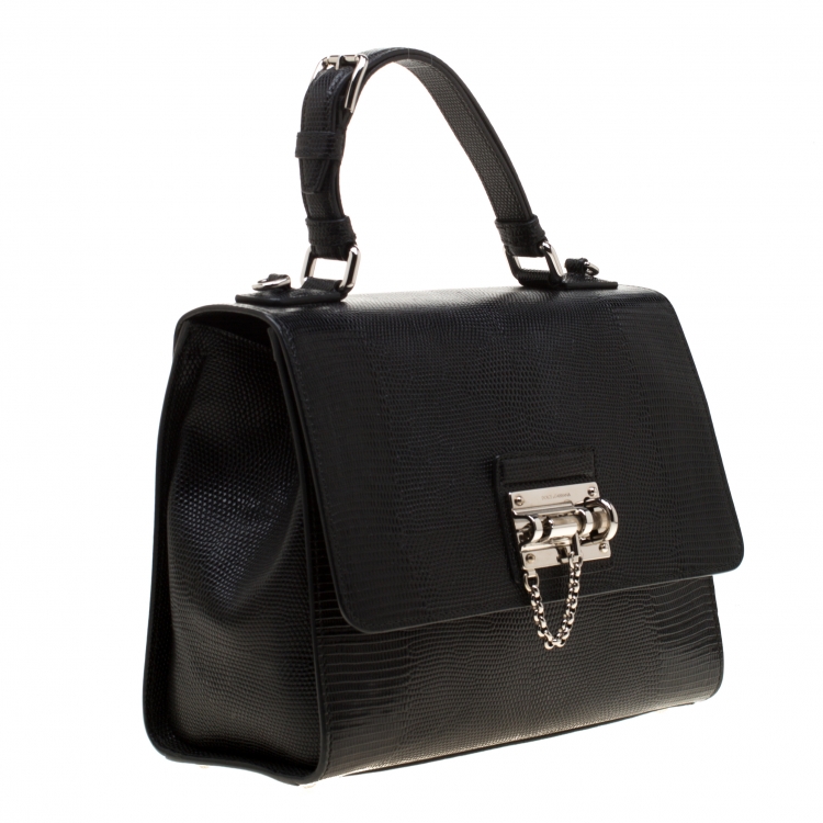 Pre Owned Dolce and Gabbana Black Iguana Embossed Leather Monica Satchel 
