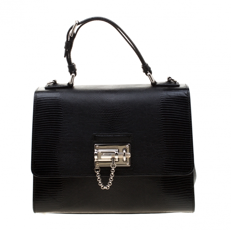 Pre Owned Dolce and Gabbana Black Iguana Embossed Leather Monica Satchel 