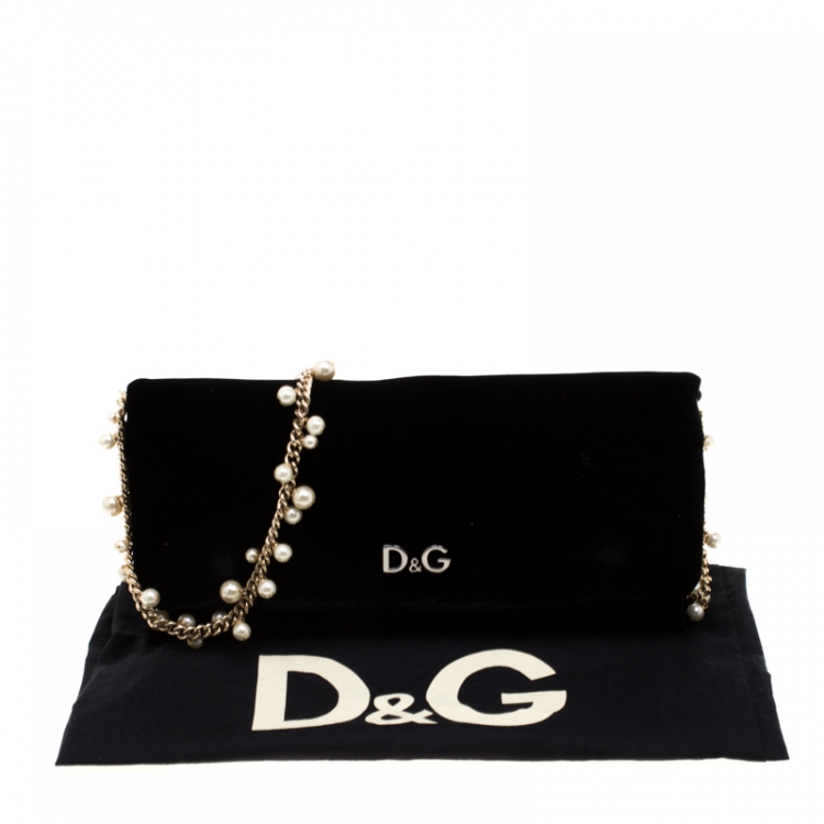 Pre Owned Dolce and Gabbana Black Velvet Pearl Chain Clutch Bag