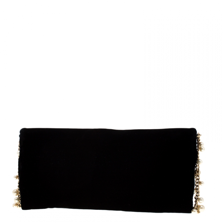 Pre Owned Dolce and Gabbana Black Velvet Pearl Chain Clutch Bag