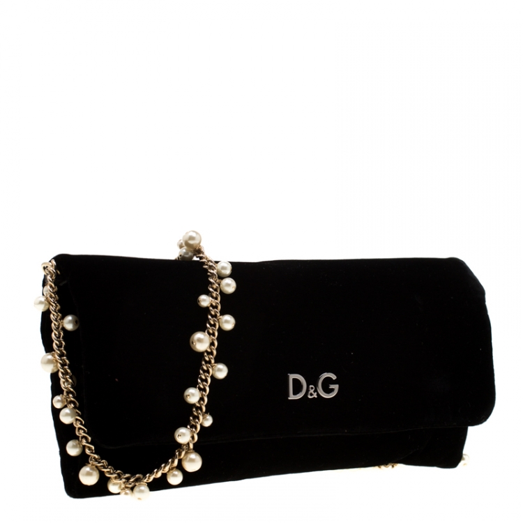 Pre Owned Dolce and Gabbana Black Velvet Pearl Chain Clutch Bag