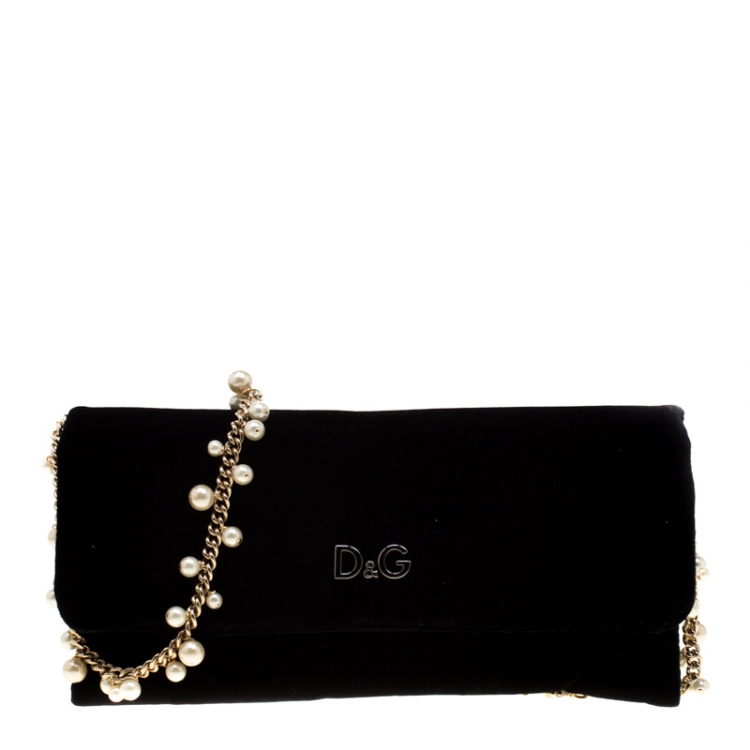 Pre Owned Dolce and Gabbana Black Velvet Pearl Chain Clutch Bag