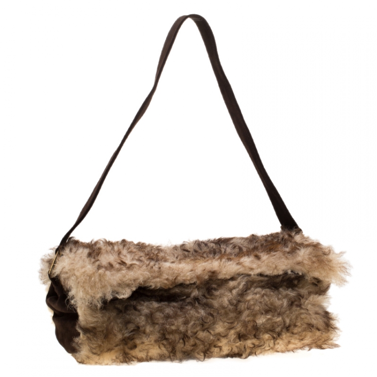 Pre Owned Dolce and Gabbana Beige/Brown Fur and Suede Shoulder Bag