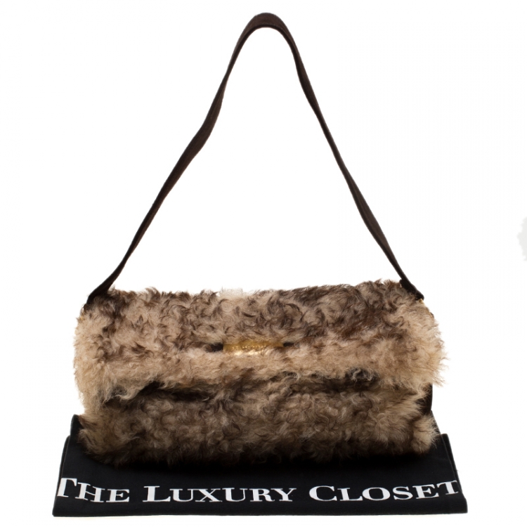 Pre Owned Dolce and Gabbana Beige/Brown Fur and Suede Shoulder Bag