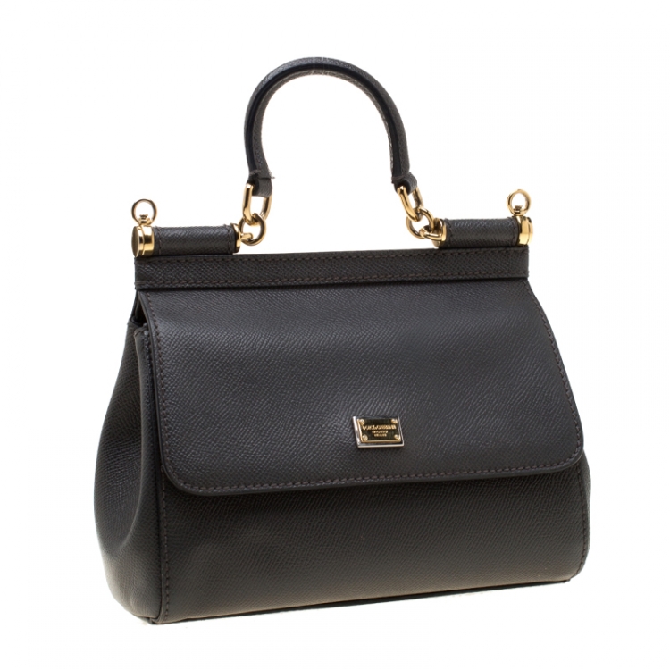 Pre Owned Dolce And Gabbana Dark Grey Dauphine Leather Small Miss Sicily Bag