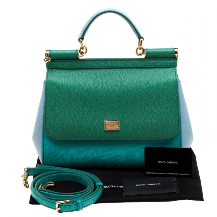 Pre Owned Dolce and Gabbana Green/Light Blue Leather Medium Miss Sicily Top Handle Bag