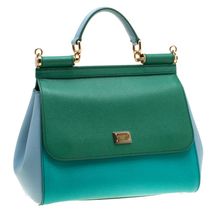 Pre Owned Dolce and Gabbana Green/Light Blue Leather Medium Miss Sicily Top Handle Bag
