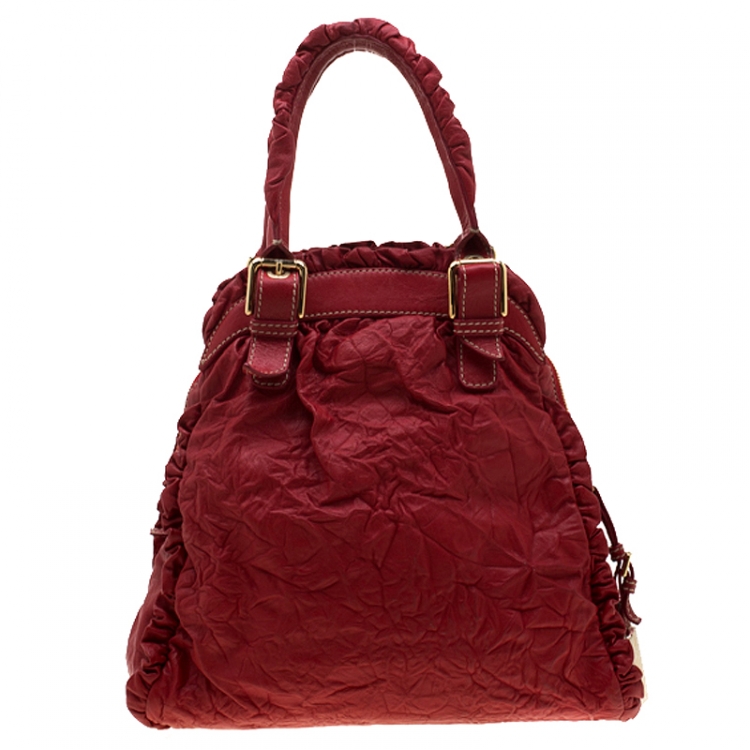 Pre Owned Dolce and Gabbana Red Ruffle Leather Miss Brooke Sacthel