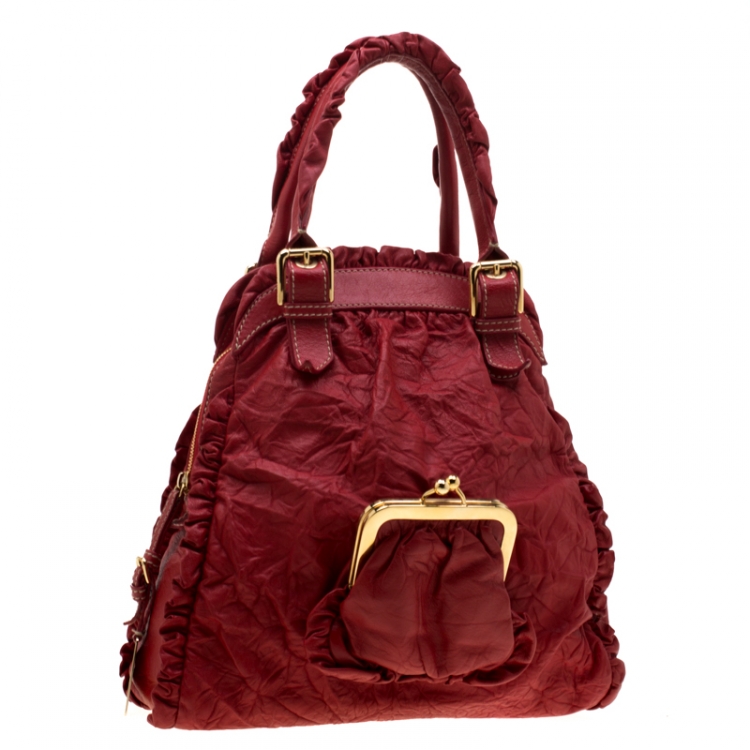 Pre Owned Dolce and Gabbana Red Ruffle Leather Miss Brooke Sacthel
