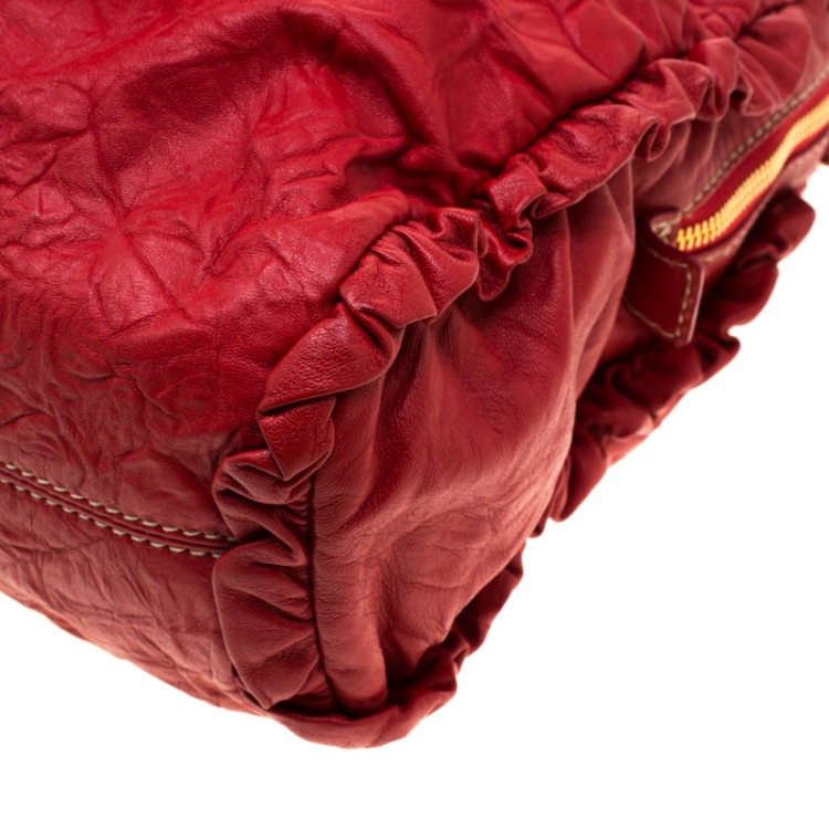 Pre Owned Dolce and Gabbana Red Ruffle Leather Miss Brooke Sacthel
