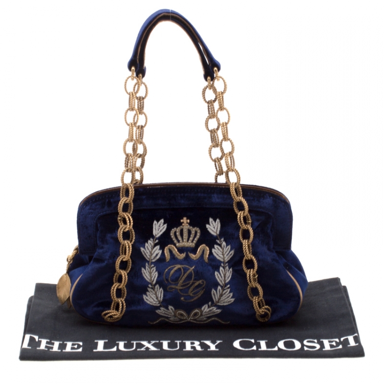 Pre Owned Dolce & Gabbana Royal Blue Embroidered Velvet Frame Shoulder Bag 