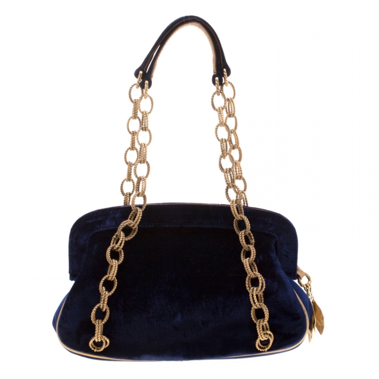 Pre Owned Dolce & Gabbana Royal Blue Embroidered Velvet Frame Shoulder Bag 