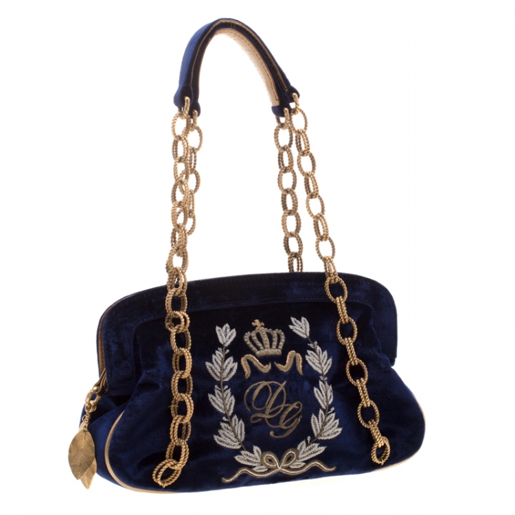 Pre Owned Dolce & Gabbana Royal Blue Embroidered Velvet Frame Shoulder Bag 