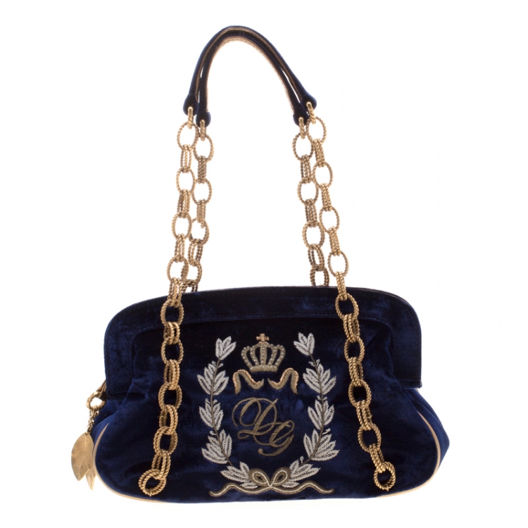 Pre Owned Dolce & Gabbana Royal Blue Embroidered Velvet Frame Shoulder Bag 