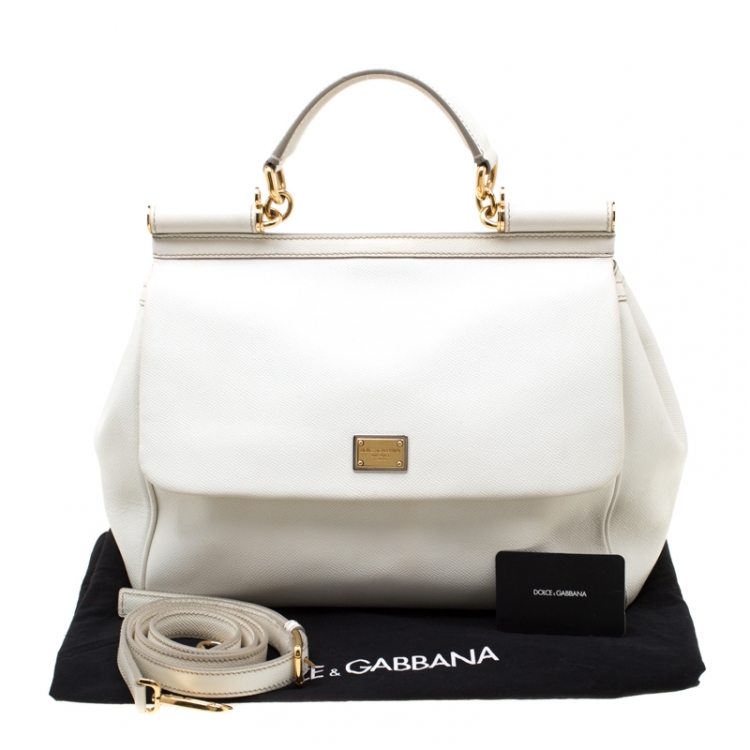 Pre Owned Dolce and Gabbana Off White Leather Large Miss Sicily Tote