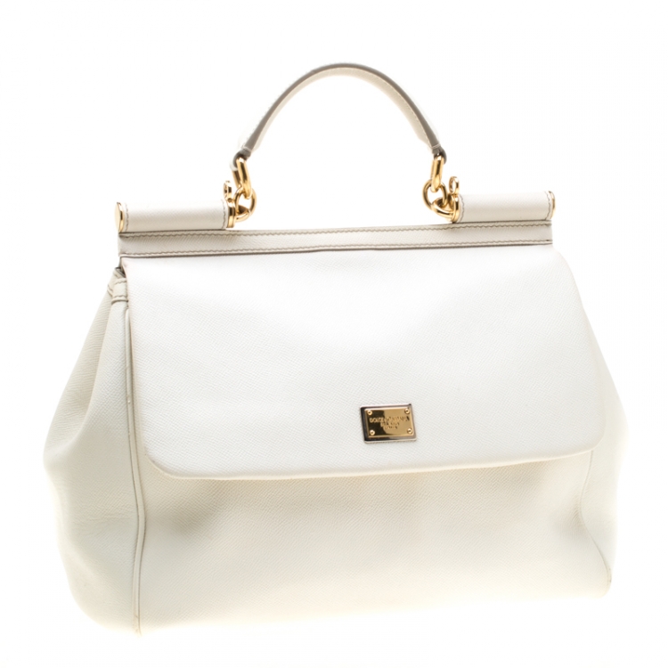 Pre Owned Dolce and Gabbana Off White Leather Large Miss Sicily Tote