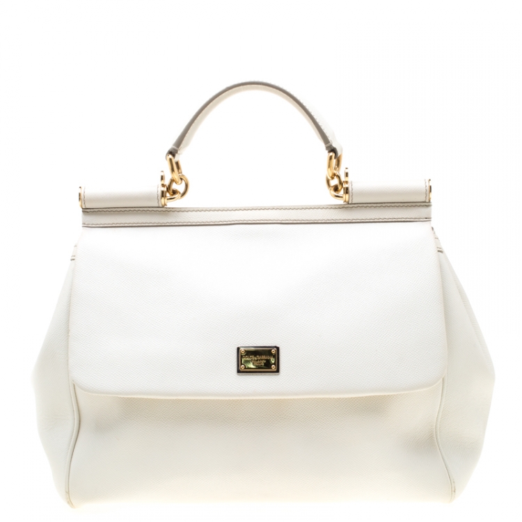 Pre Owned Dolce and Gabbana Off White Leather Large Miss Sicily Tote