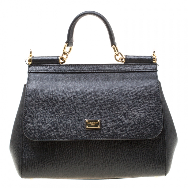Pre Owned Dolce and Gabbana Black Leather Medium Miss Sicily Tote