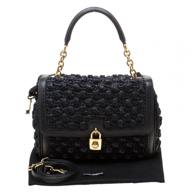 Pre Owned Dolce and Gabbana Black Raffia and Leather Padlock Tote