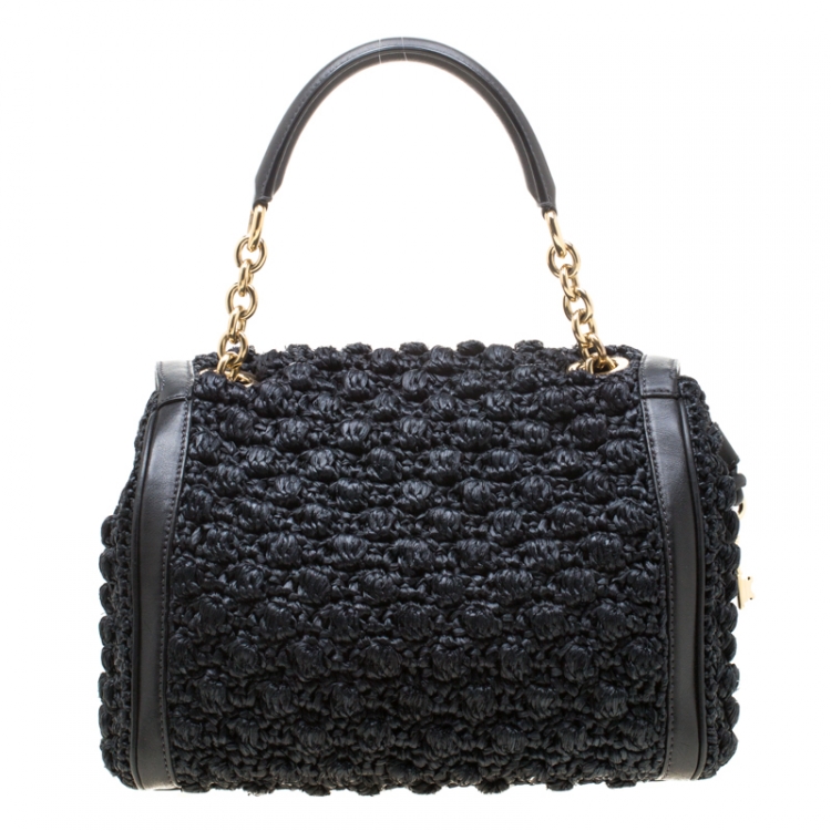 Pre Owned Dolce and Gabbana Black Raffia and Leather Padlock Tote