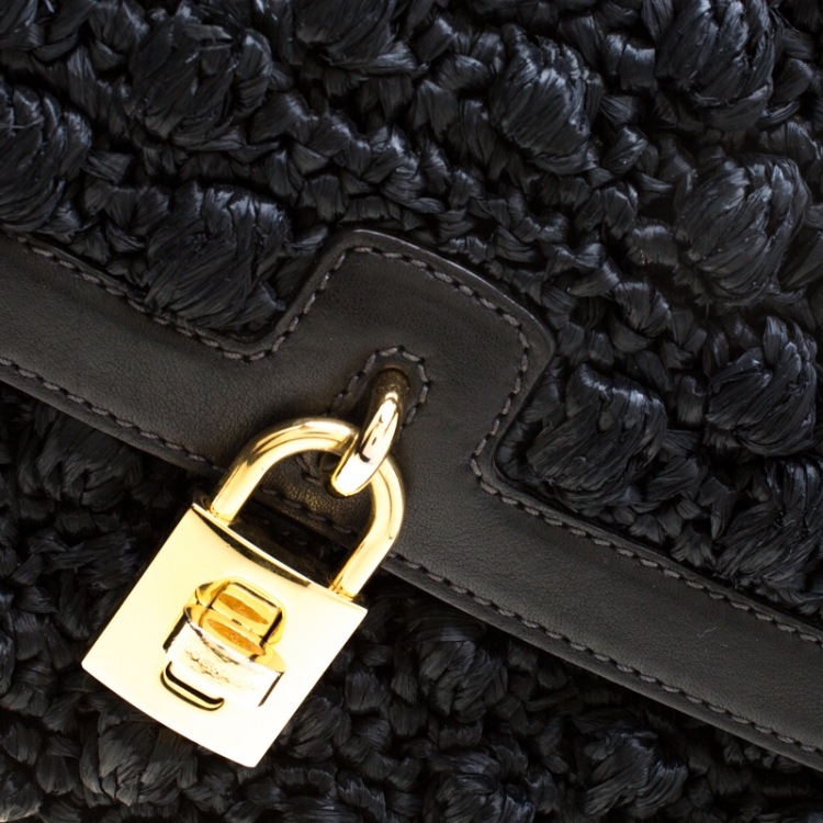 Pre Owned Dolce and Gabbana Black Raffia and Leather Padlock Tote