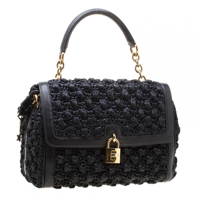Pre Owned Dolce and Gabbana Black Raffia and Leather Padlock Tote