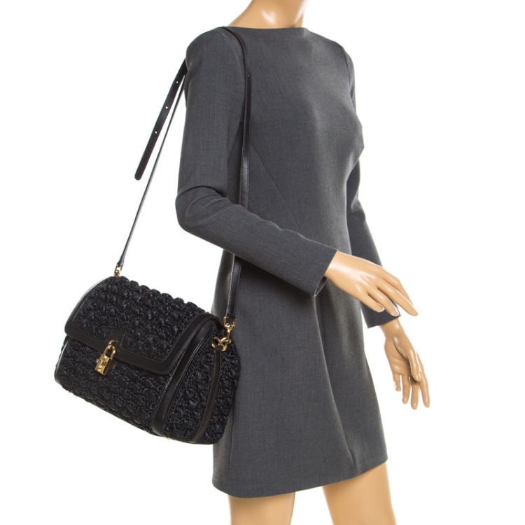 Pre Owned Dolce and Gabbana Black Raffia and Leather Padlock Tote