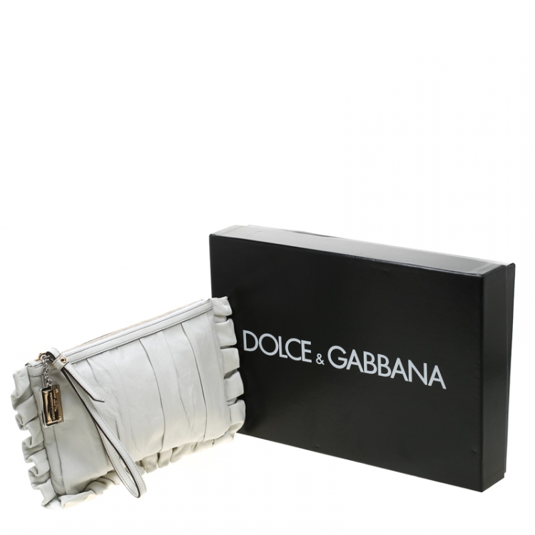 Pre Owned Dolce and Gabbana White Pleated Leather Ruffle Wristlet Clutch