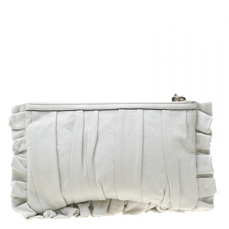 Pre Owned Dolce and Gabbana White Pleated Leather Ruffle Wristlet Clutch