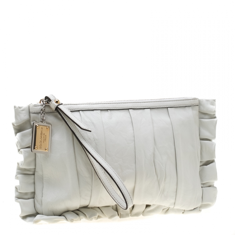 Pre Owned Dolce and Gabbana White Pleated Leather Ruffle Wristlet Clutch