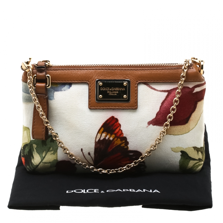 Pre Owned Dolce and Gabbana White Floral Print Canvas Chain Clutch