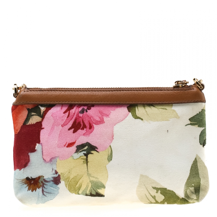 Pre Owned Dolce and Gabbana White Floral Print Canvas Chain Clutch