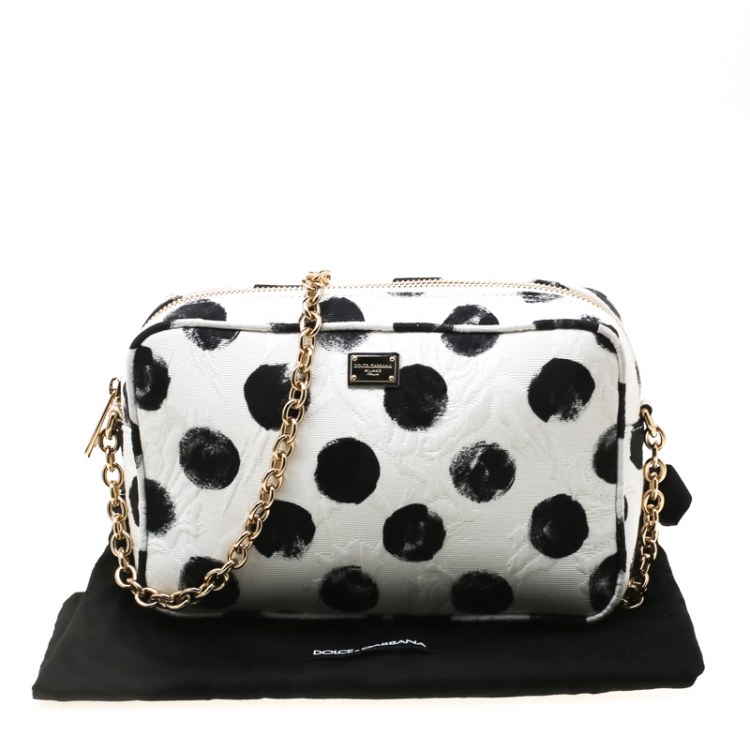 Pre Owned Dolce and Gabbana White/Black Polka Dot Fabric Glam Crossbody Bag