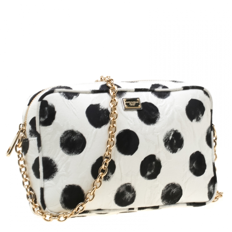 Pre Owned Dolce and Gabbana White/Black Polka Dot Fabric Glam Crossbody Bag