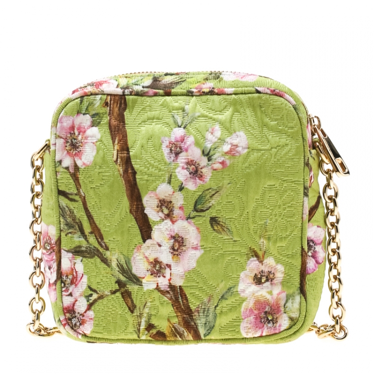 Pre Owned Dolce and Gabbana Lime Floral Print Fabric Square Miss Glam Crossbody Bag