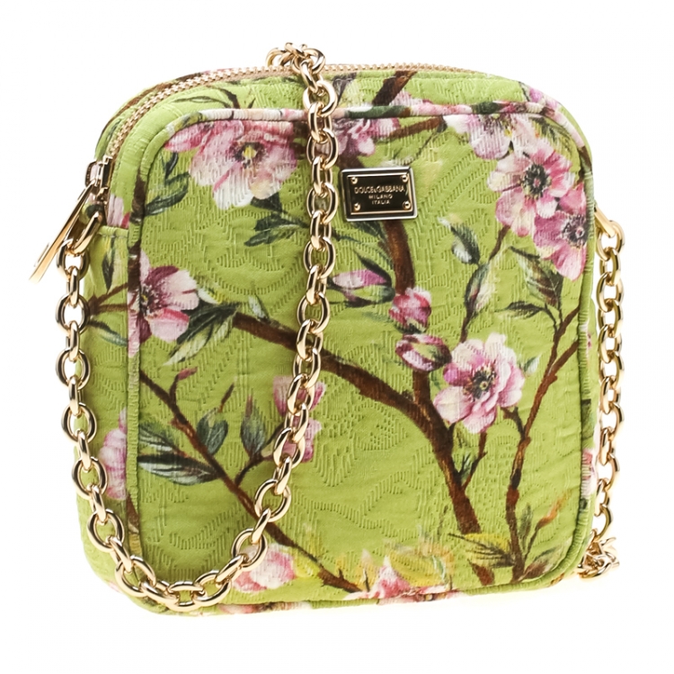 Pre Owned Dolce and Gabbana Lime Floral Print Fabric Square Miss Glam Crossbody Bag