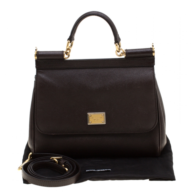 Pre Owned Dolce and Gabbana Dark Brown Leather Medium Miss Sicily Tote