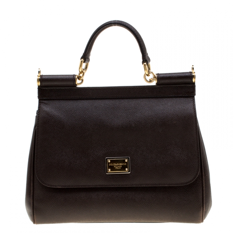 Pre Owned Dolce and Gabbana Dark Brown Leather Medium Miss Sicily Tote