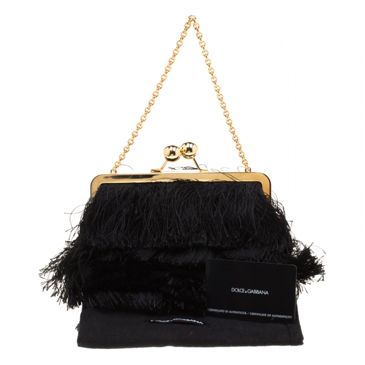 Pre Owned Dolce and Gabbana Black Fabric and Satin Fringed Chain Clutch