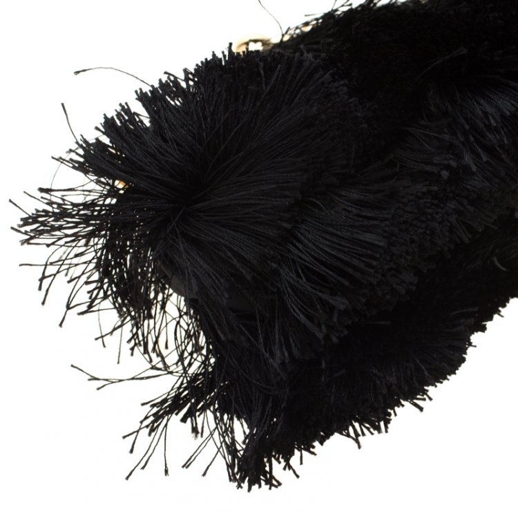 Pre Owned Dolce and Gabbana Black Fabric and Satin Fringed Chain Clutch