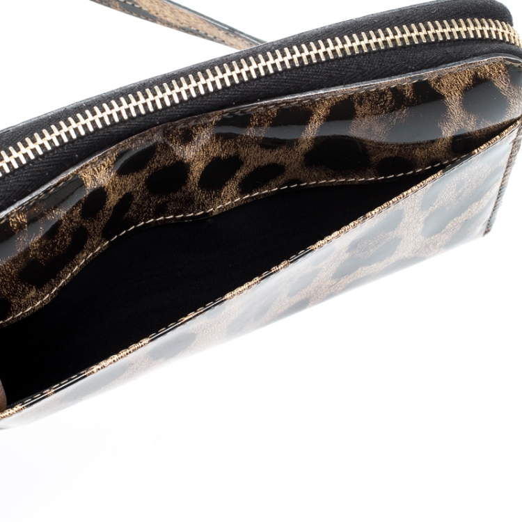 Pre Owned Dolce and Gabbana Leopard Print Patent Leather Zip Around Wallet