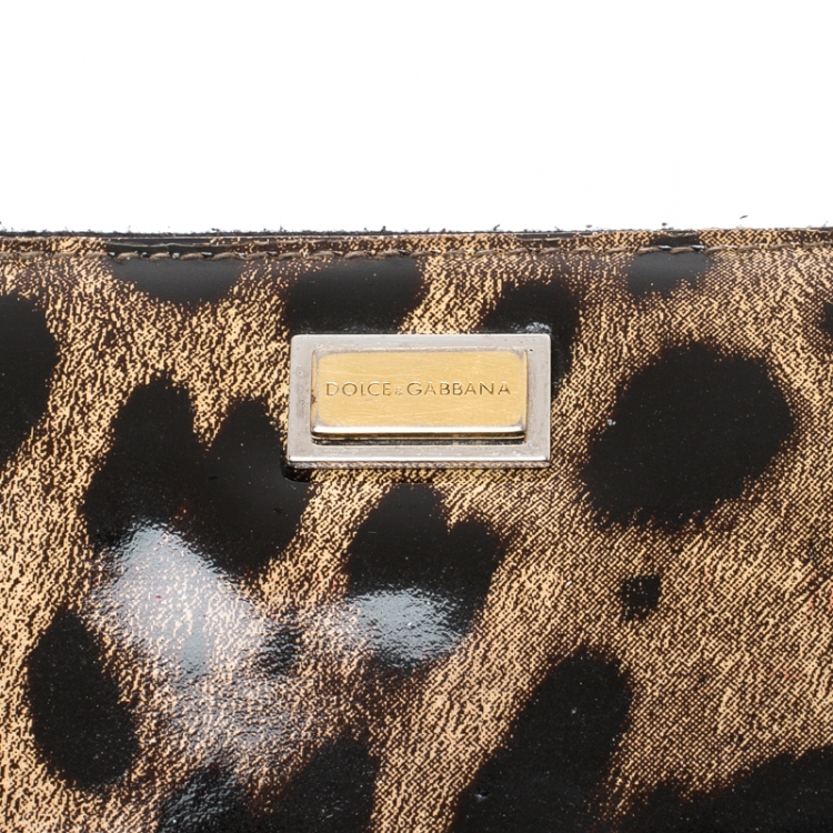 Pre Owned Dolce and Gabbana Leopard Print Patent Leather Zip Around Wallet