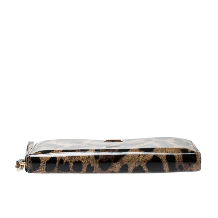 Pre Owned Dolce and Gabbana Leopard Print Patent Leather Zip Around Wallet