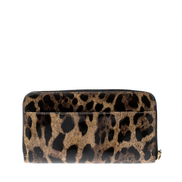 Pre Owned Dolce and Gabbana Leopard Print Patent Leather Zip Around Wallet
