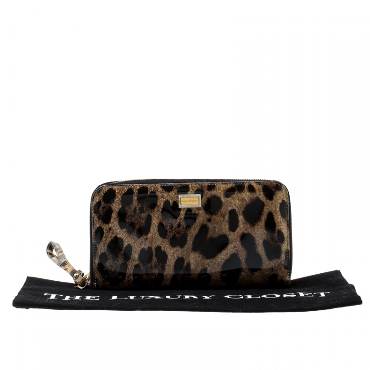 Pre Owned Dolce and Gabbana Leopard Print Patent Leather Zip Around Wallet