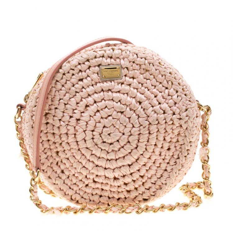 Pre Owned Dolce and Gabba Pink Blush Straw Round Crossbody Bag