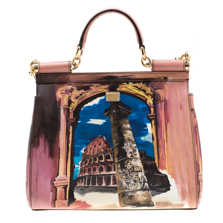Pre Owned Dolce and Gabbana Multicolor Rome Printed Leather Medium Miss Sicily Top Handle Bag