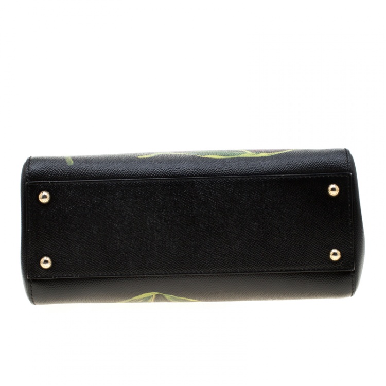 Pre Owned Dolce and Gabbana Black Multicolor Tulip Print Leather Medium Miss Sicily Top Handle Bag